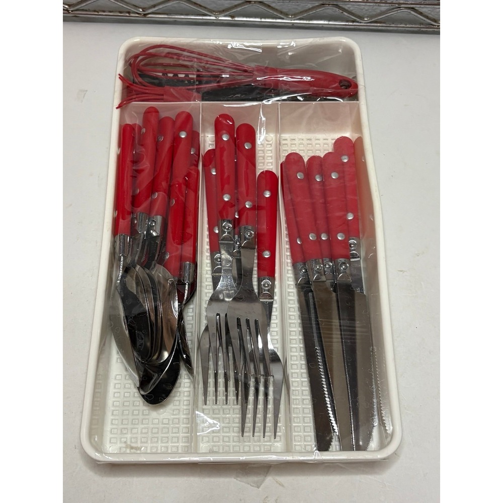 Vintage Red Handle Flatware Silverware Utensil Set w/ Tray Whisk Spoons Forks